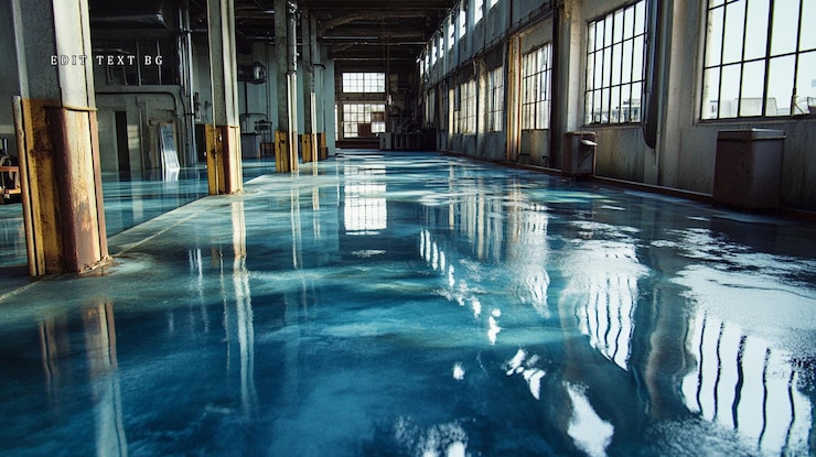 PSD reflective epoxy floor in a large industrial warehouse with high ceilings and large windows