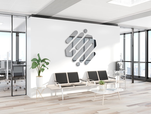 PSD logo in metallo riflettente sulla parete dell'ufficio mockup