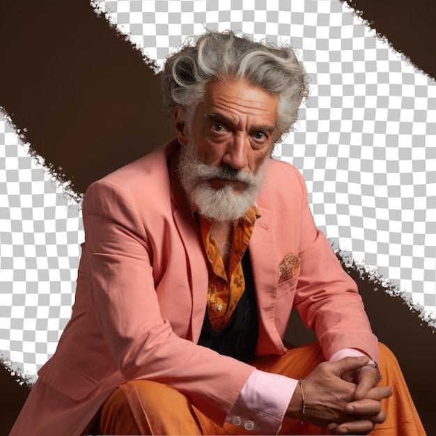 Reflective middle eastern gentleman regretful and dapper pauses amidst pastel salmon ambiance