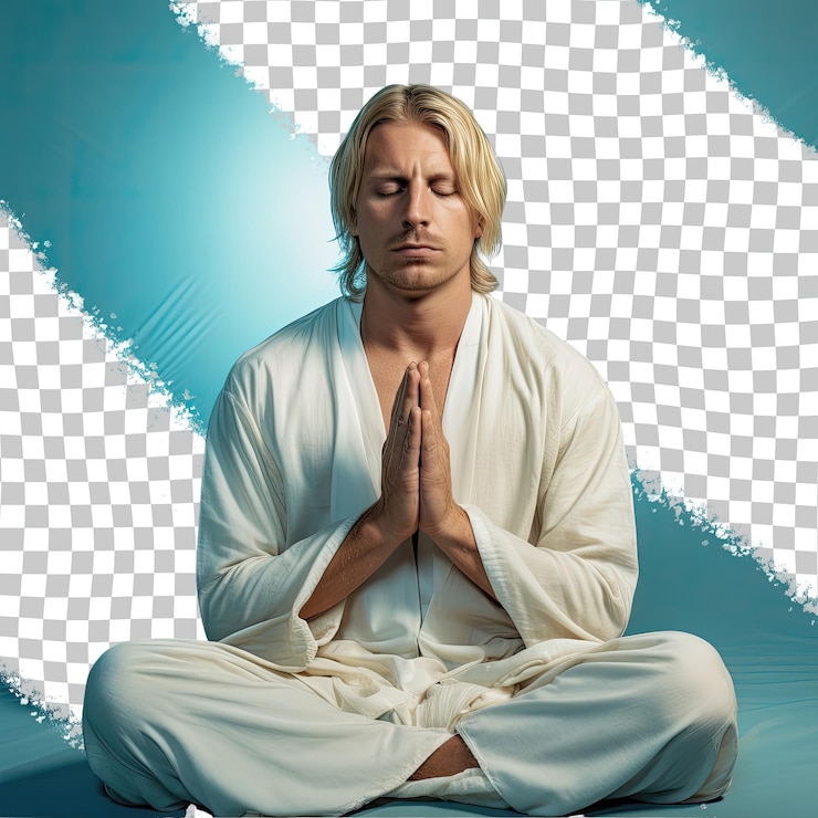 PSD reflective west asian man in meditative attire a dramatic shadow play against a pastel blue backdrop