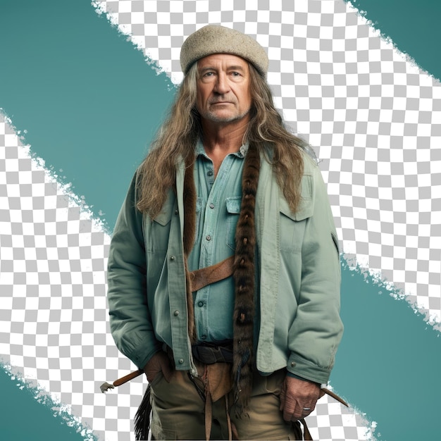 PSD reformed nordic man conservationist style long hair remorseful pose pastel teal background