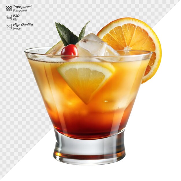 Refreshing citrus cocktail with ice orange and cherry garnish