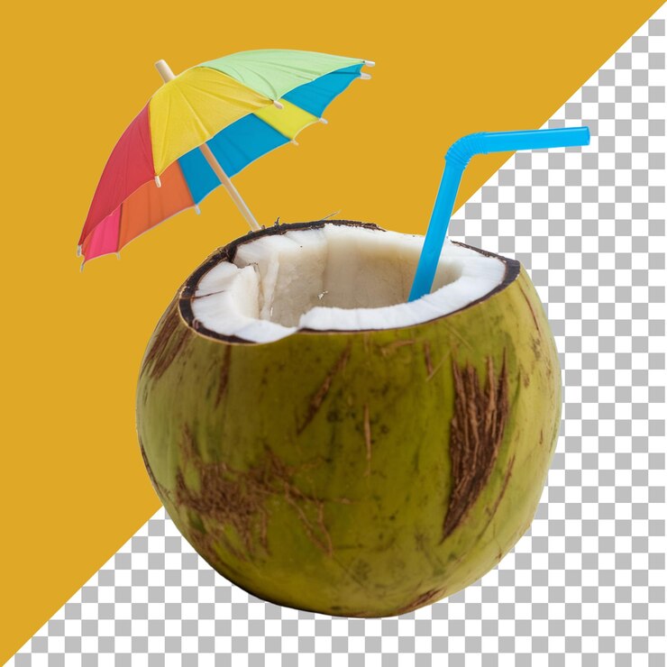 PSD refreshing coconut cocktail with umbrella and straw