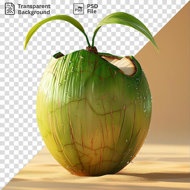PSD acqua di cocco rinfrescante in un vaso verde su uno sfondo trasparente accompagnata da una foglia verde e uno stelo che gettano un'ombra scura