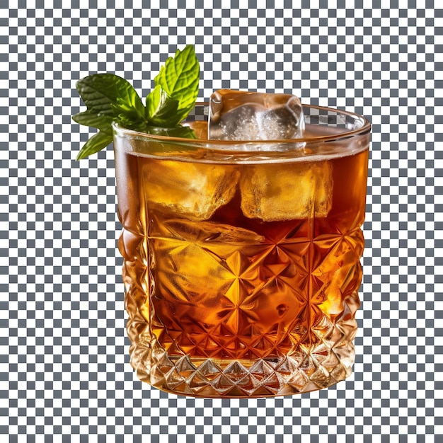 PSD refreshing glass of iced tea with lemon slices and mint leaves on transparent background