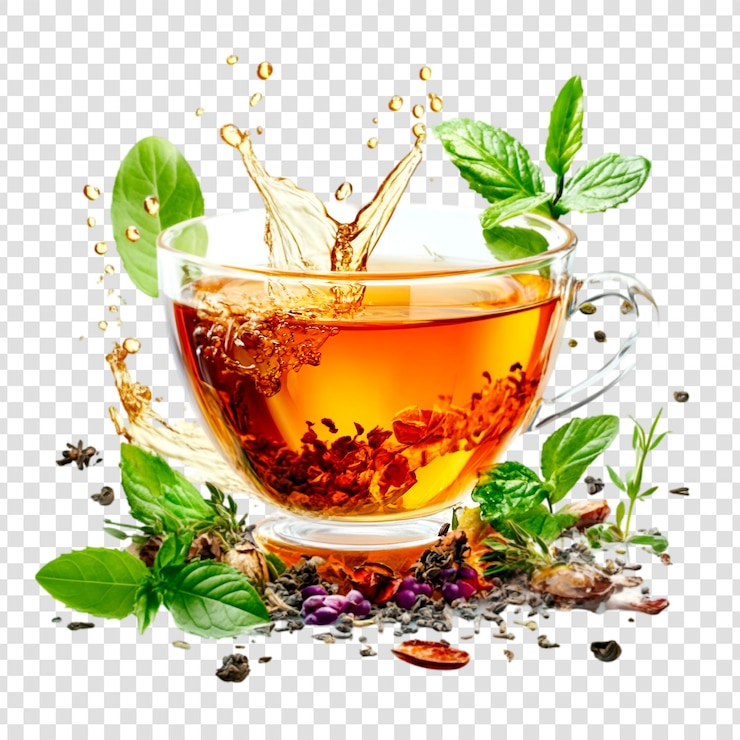 PSD refreshing herbal tea splashing in glass cup