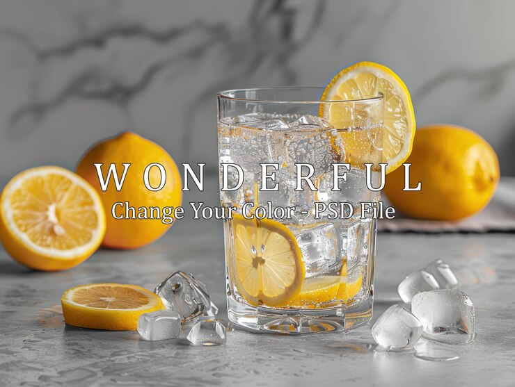 PSD refreshing lemon drink with ice cubes