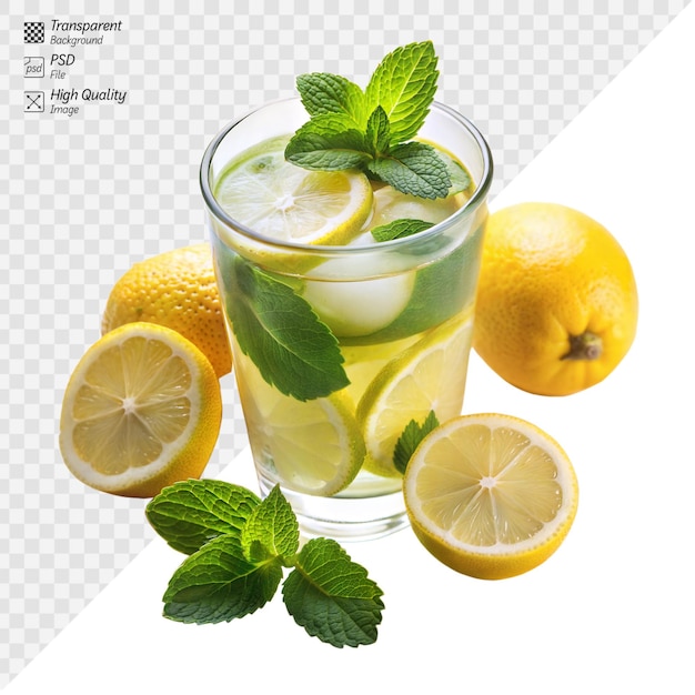 PSD acqua rinfrescante a menta di limone in un bicchiere con limoni freschi