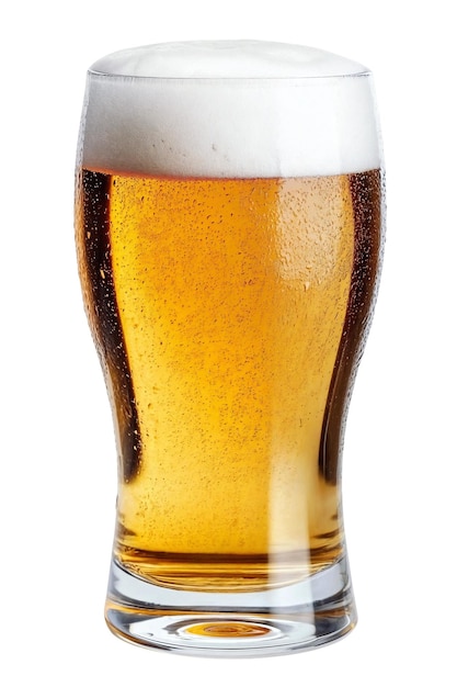 A refreshing pint of golden beer with a foamy head isolated