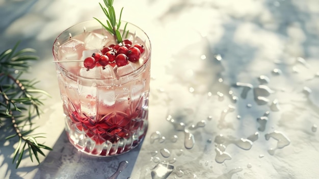 refreshing red currant cocktail with ice and rosemary garnish on a sunlit table