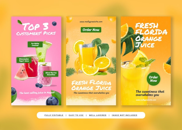 PSD refreshing sensation tropical juice bar instagram story