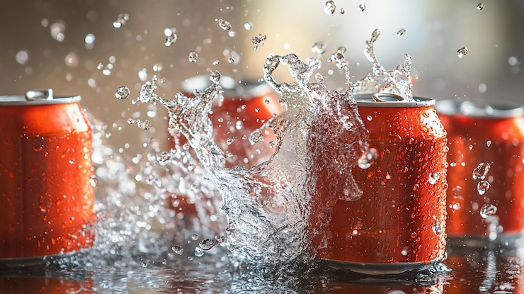 PSD refreshing splash of water on metallic cans