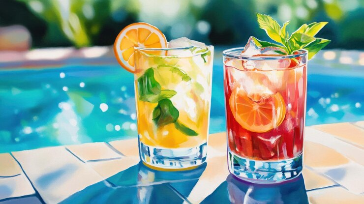 PSD refreshing summer cocktails by the pool a vibrant illustration of two summer cocktails a mojito and a spritz by the poolside featuring bright colors and a cheerful summer vibe