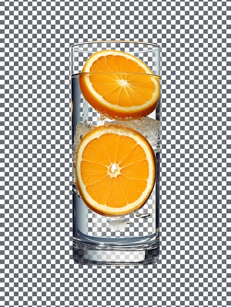 PSD refreshing water with sliced orange in a glass on transparent background