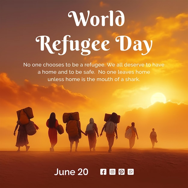 refugee day concept group of people walking and each carrying their backpacks on orange background