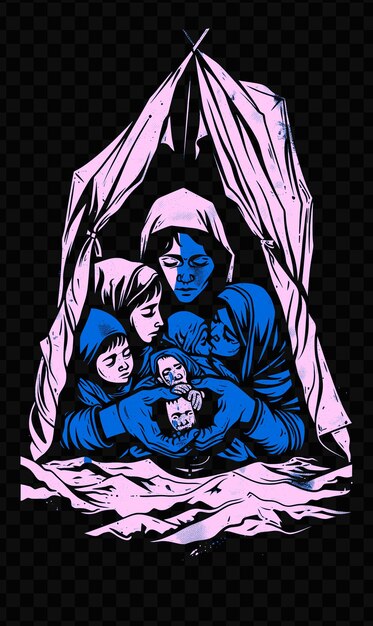 PSD a refugee family huddled together inside a small tent focus psd poster banner design art refugee