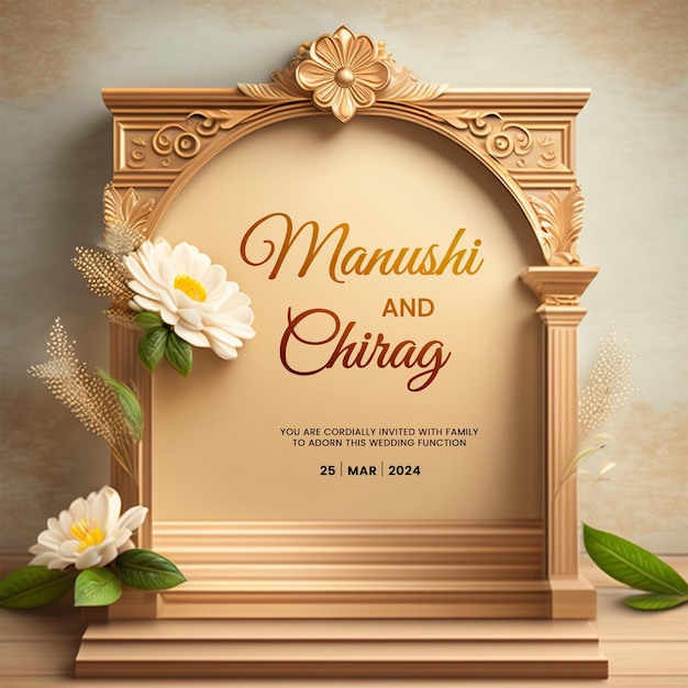 Regal golden frame wedding invitation for siah and dhruvluxurious classical pillar wedding invitatio