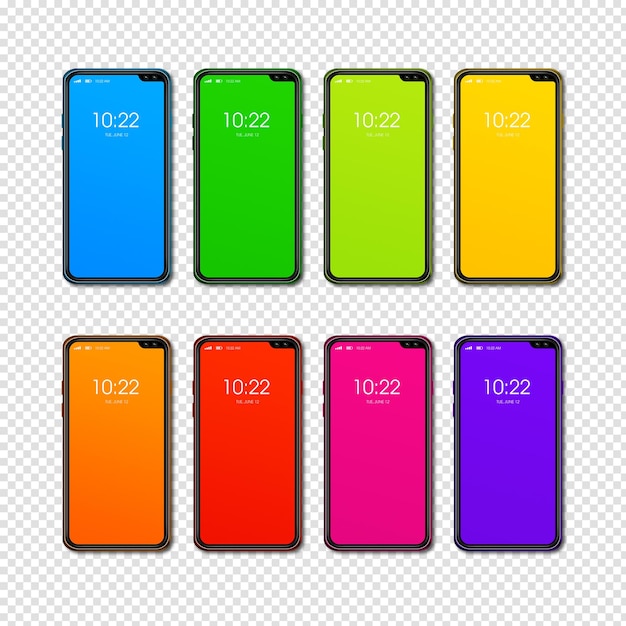 PSD regenboog kleurrijke smartphone instellen banner geïsoleerd op transparante 3d renderen