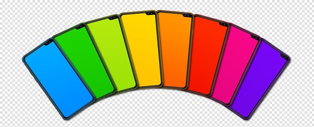 PSD regenboog kleurrijke smartphone instellen banner geïsoleerd op transparante 3d renderen