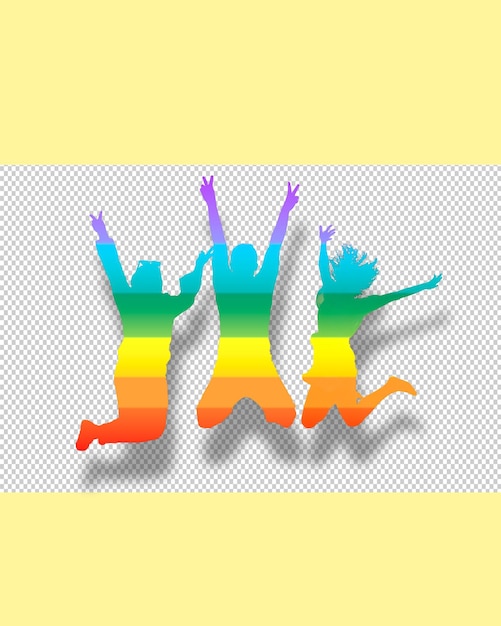 PSD regenboogkleurige foto met drie mensen die in de lucht springen