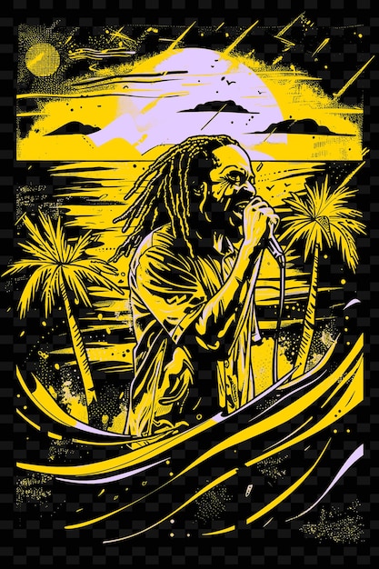PSD artista reggae che canta in un microfono circondato da palm t illustration music poster designs