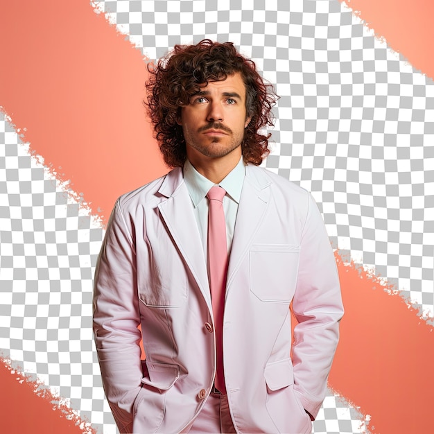 PSD regretful aboriginal aussie man wavy hair dermatologist attire tilted hips pastel coral pose