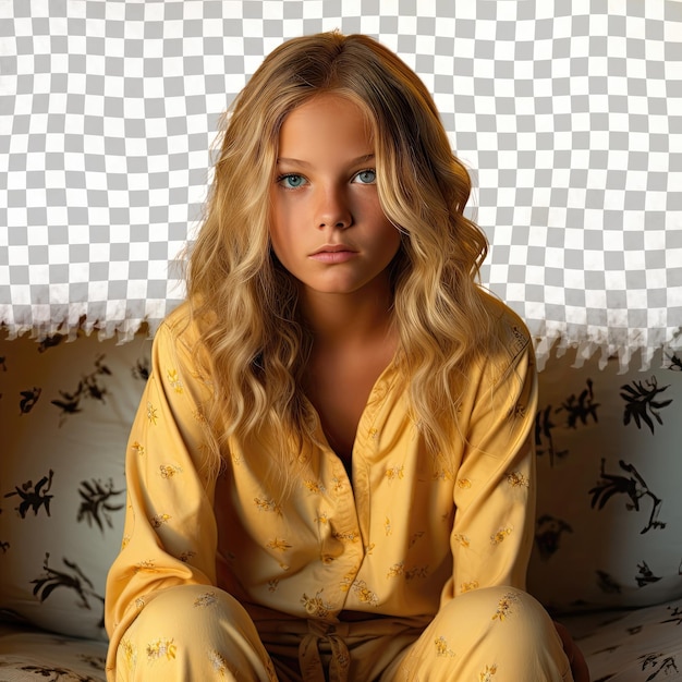 PSD regretful child a blonde aboriginal girl in shadow play posing against a pastel yellow backdrop