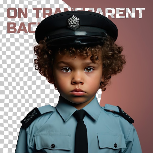 PSD a regretful child boy with curly hair from the nordic ethnicity dressed in police officer attire poses in a intense direct gaze style against a pastel mint background