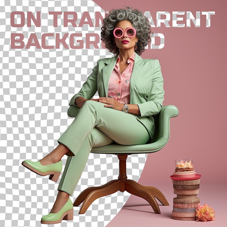 PSD regretful senior with kinky hair aboriginal aussie sales manager in full length pose with chair prop pastel green styling