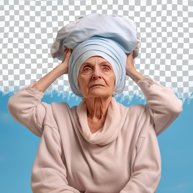 A regretful senior woman with blonde hair from the middle eastern ethnicity dressed in practicing yoga attire poses in a gaze through a prop like a hat style against a pastel sky blue backg