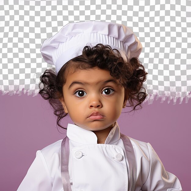 Regretful toddler with wavy hair south asian chef in head tilt and serious expression on pastel lilac background