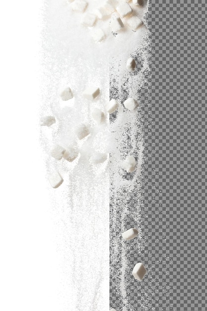 Reine geraffineerde suiker kubussen vliegende explosie witte kristal suiker abstracte wolk vliegen Reine raffineerde zuiker kubussen spat stop in de lucht voedsel voorwerp ontwerp witte achtergrond geïsoleerde hoge snelheid bevriezen beweging
