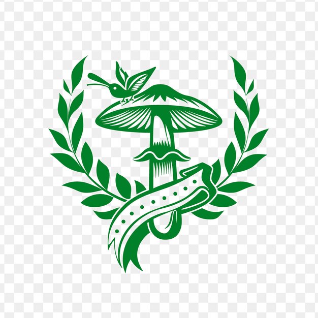PSD reishi mushroom emblem logo with decorative ribbon and hummi psd vector tattoo outline art design