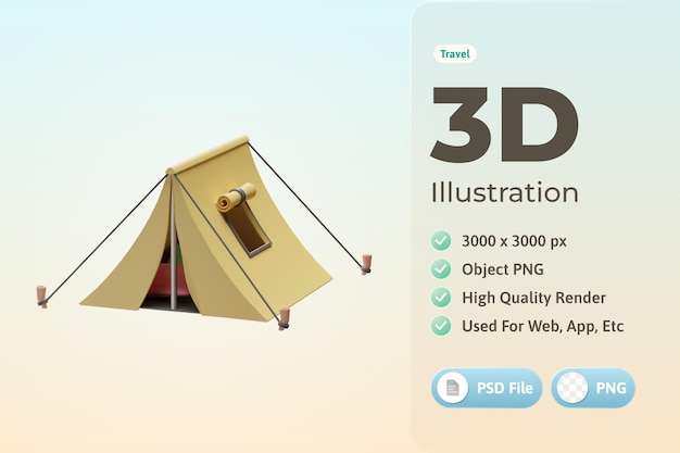 PSD reispictogram tent 3d illustratie