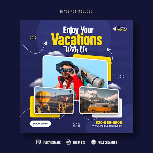 Reizen en toerisme social media post sjabloon voor spandoek of tour vakantie vakantie instagram post ontwerp