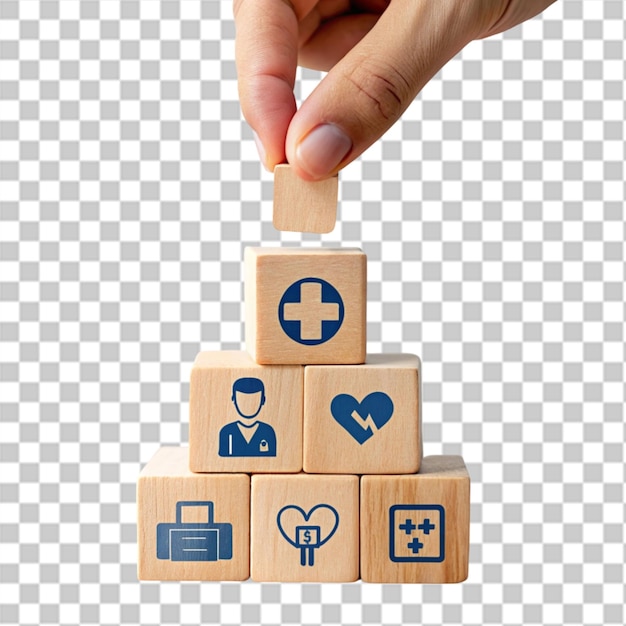 PSD ręka człowieka i bloków budowlanych z ikonami medycznymi dla inwestycji zabezpieczenia i ubezpieczenia okładka palca