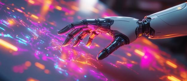 PSD ręka robota wchodzi w interakcję z żywym, świecącym interfejsem cyfrowym