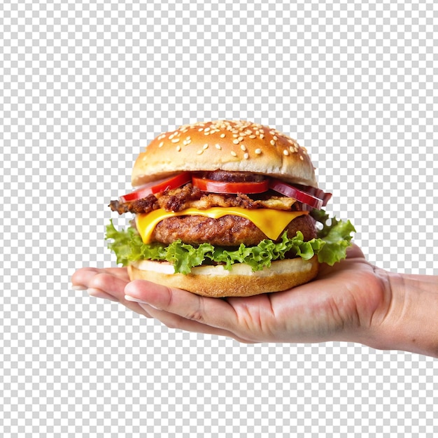 Ręka trzymająca hamburger png wyizolowany na białym tle