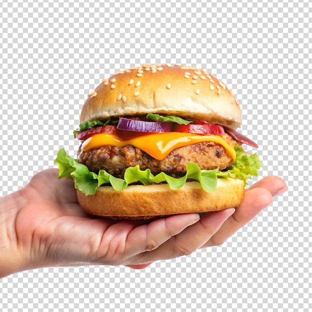 Ręka trzymająca hamburger png wyizolowany na białym tle