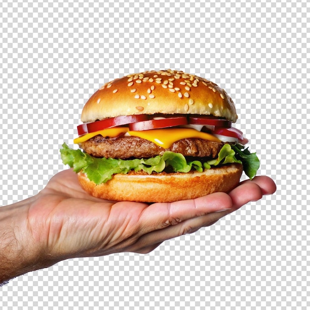 Ręka trzymająca hamburger png wyizolowany na białym tle