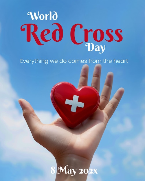 Ręka trzymająca serce z ikoną Czerwonego Krzyża PSD World Red Cross Day social media feed mockup template