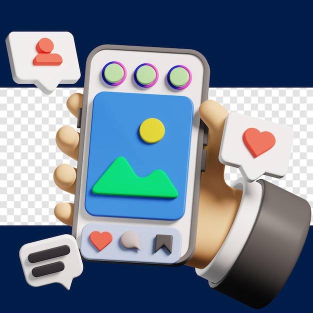 Ręka trzymająca telefon do ilustracji 3D w mediach społecznościowych