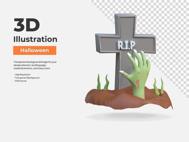 PSD ręka zombie wznosząca się z grobu halloween 3d ikona ilustracja