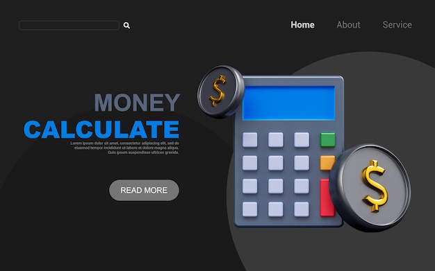 rekenmachine bord met dollar munt op donkere achtergrond 3d render concept voor geld berekenen