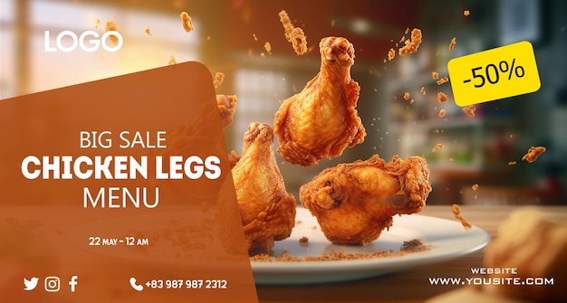 PSD reklama restauracji z menu z udkiem z kurczaka.