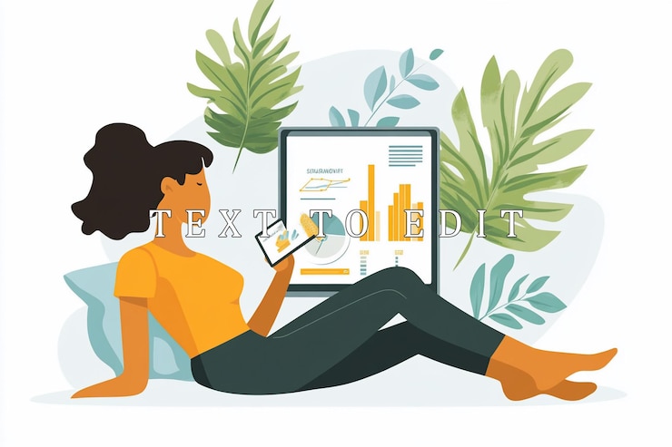 PSD relaxed woman analyzing data on tablet and phone