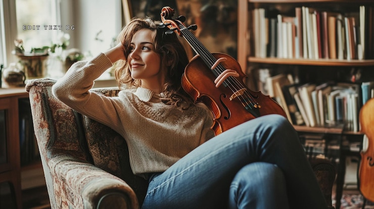 PSD relaxed woman musician sits in armchair holding violin daydreaming near window