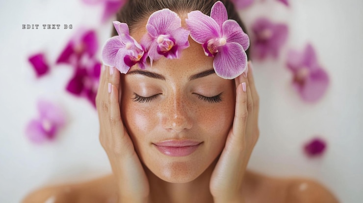 PSD relaxed woman with orchids on her forehead in a milk bath