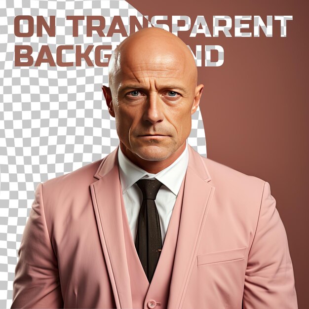 PSD a relieved middle aged man with bald hair from the nordic ethnicity dressed in receptionist attire poses in a head tilt with a serious expression style against a pastel beige background