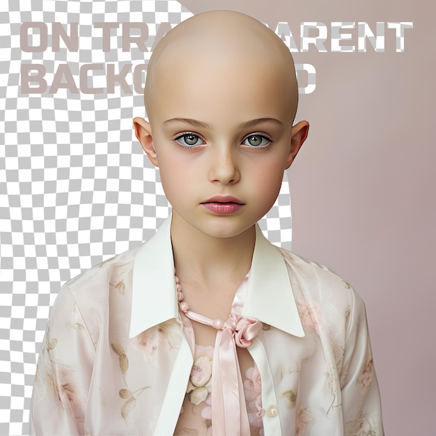 A reluctant child girl with bald hair from the uralic ethnicity dressed in makeup artist attire poses in a intense direct gaze style against a pastel cream background